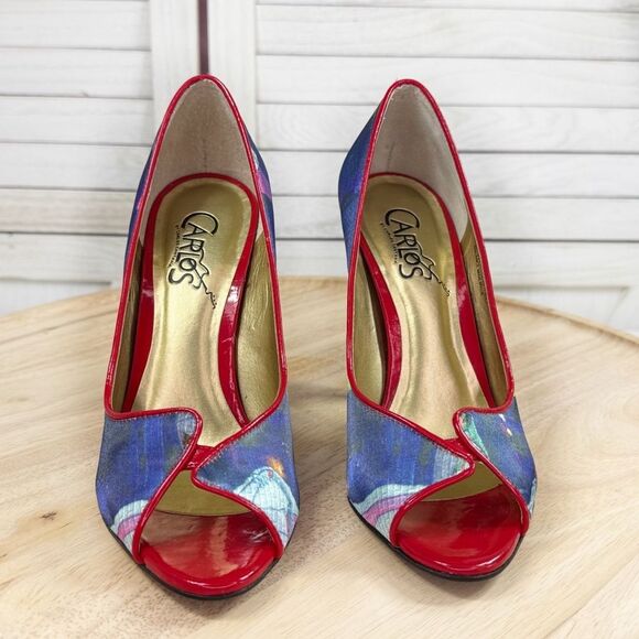 Carlos by Carlos Santana Pounce Graffiti Print Peep Toe Pumps Red Multi 6 - Picture 2 of 11
